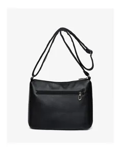 Black soft leather women's shoulder bag detail view, showing zipper and adjustable strap.