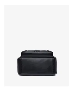 Black soft leather bag bottom detail shot showing neat stitching and durable design.