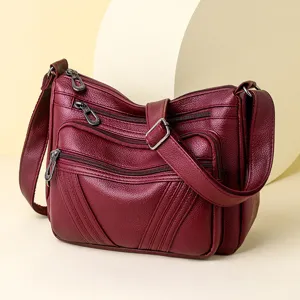 Women shoulder bag vintage washed leather crossbody bag multi-pocket large capacity
