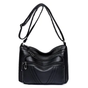 Women black soft leather multi-pocket shoulder bag casual vintage crossbody main view