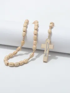 Houten kralen rozenkrans ketting met houten kruis hanger, religieus spiritueel sieraad.