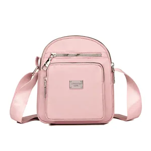 Pink nylon cross body bag casual lightweight multi pocket shoulder travel handbag for women