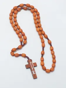 Houten Rozenkrans Ketting Kralen Kruis Hanger Gebed Religieus Sieraad Detail Weergave