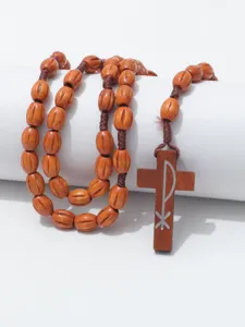 Houten rozenkrans ketting met ovale kralen en kruis hanger, religieuze sieraden decoratie.