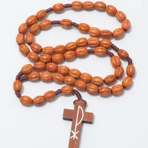 Houten rozenkrans ketting met ovale kralen touw geweven houten kruis hanger sieraden