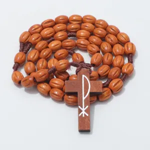 Houten kraal gevlochten rozenkrans ketting met kruis hanger religieuze sieraden accessoire