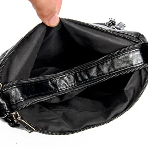 Black soft leather crossbody bag for women, casual minimalist double layer shoulder bag main view.