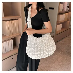 Fashionable white quilted shoulder bag, large capacity casual puffer tote bag for women.