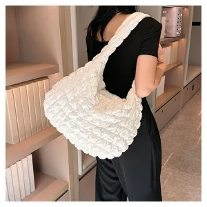 Casual white quilted shoulder bag for women, large capacity puffer tote handbag, trendy style.