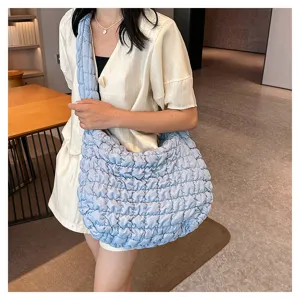 Trendy casual light blue quilted shoulder bag, large capacity soft puffer tote bag.