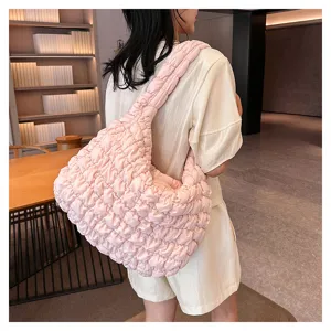 Trendy pink quilted shoulder bag for women, casual large capacity puffer tote bag.