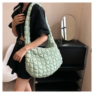 Stylish quilted shoulder bag for women, large capacity puffer tote bag, casual daily use.