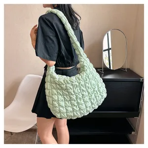 Light green quilted shoulder bag for women, large capacity stylish puffer hobo tote bag.