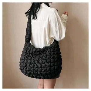 Casual black quilted shoulder bag, large capacity puffer tote bag for women daily fashion.