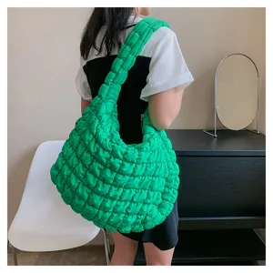 Casual quilted puffer tote bag in bright green, trendy large capacity shoulder bag.