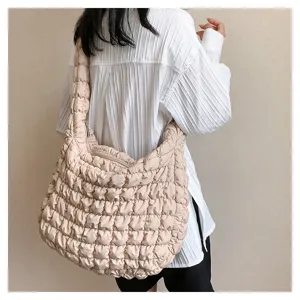 Stylish beige quilted shoulder bag for women, large capacity casual puffy tote handbag.