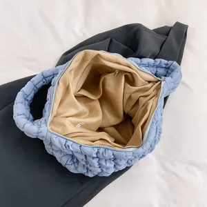 Light blue quilted tote bag puffer handbag casual stylish shoulder bag with zipper pocket