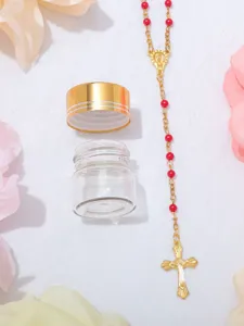 Collana rosario cattolica con perline rosse da 4 mm in bottiglia con croce dorata.