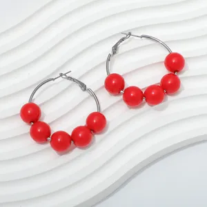 Chic red beaded hoop earrings for women, trendy candy color metal circle ear jewelry.