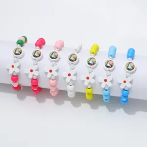 Kinder Kleurrijke Kralen Armband Verzilverd Bloemen Hanger Elastische Hand Sieraden Veelzijdige Kralen Armband