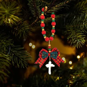 Handgemaakte Kerst Houten Kraal Kruis Rozenkrans Armband Rood Groen Ruit Strik Gebedskralen Ketting Voor Dames Heren Sieraden
