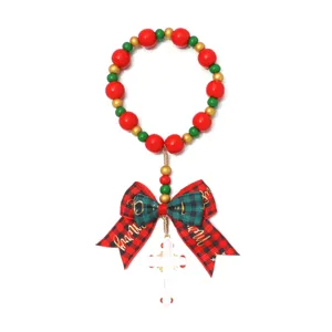 Kerst houten kralen rozenkrans hangend ornament met geruite strik en kruis decoratie