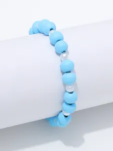 Blauwe houten kralen en witte parel elastische armband, frisse stijl kleurrijke sieraden.
