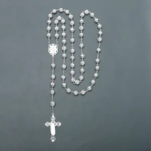 Vintage 10mm Rosa Perline Croce Collana Religioso Rosario Pendente Moda Gioiello