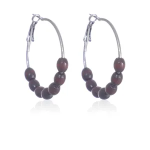 Retro wooden bead hoop earrings for women, minimalist metal circle geometric jewelry gift.