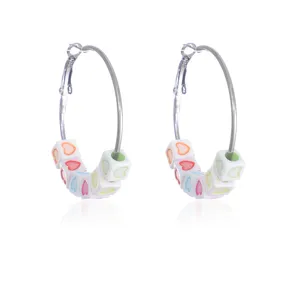 Colorful heart cube bead hoop earrings detail showing delicate and lovely patterns.