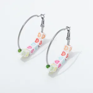 Chic handmade colorful heart cubic beaded hoop earrings, 4cm vintage style fashion jewelry.