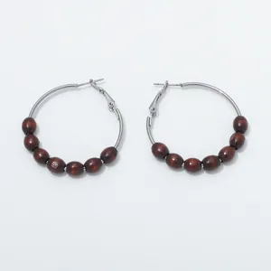 Vintage wooden bead hoop earrings for women, minimalist chic metal hoop jewelry gift.