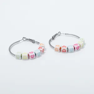 Retro colorful heart beaded hoop earrings, stylish geometric daily jewelry for women.