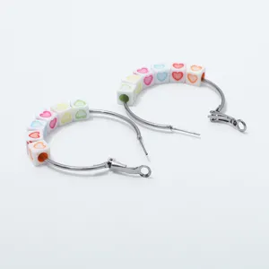 Chic colorful heart bead hoop earrings, fashion cute metal circle jewelry for women daily wear.