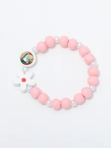Chique kleurrijke kralenarmband met bloemhanger en religieus portret, elastisch design.