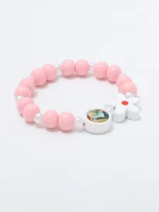 Kinderen roze houten kralen armband met bloem bedel en portret hanger leuke elastische sieraden