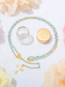 Set collana rosario cattolico con perline di perle blu, ciondolo a croce e bottiglia di vetro