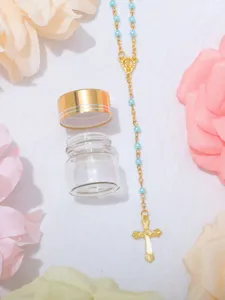 Rosario cattolico in perle da 4 mm con ciondolo a croce dorata in set di flaconi di vetro