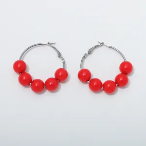 Red beaded hoop earrings for women, 4cm trendy candy color round bead silver tone jewelry.