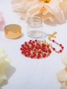Collana Rosario Perle Rosse 4mm con Pendente Croce e Bottiglia di Vetro Gioiello Battesimo