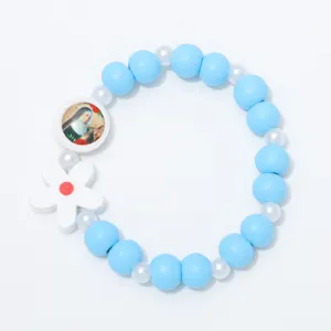 Kleurrijke houten kralen armband met bloem en portret hanger voor kinderen schattig