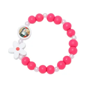 Kleurrijke houten kralen armband met bloem en heilige hanger voor kinderen meisjes.