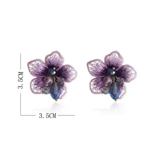 Elegante paarse bloem oknopen met kristalgaas en kralen, 3.5cm gedetailleerd ontwerp.