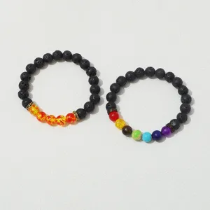 Natural lava stone chakra beaded bracelets set, stylish multi-color gemstone stretch jewelry.