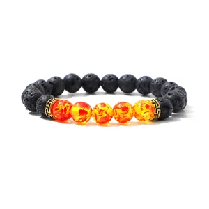 Natural lava stone and colorful amber bead bracelet with gold Greek key metal spacers for men women