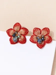 Rode geborduurde stoffen bloem oorbellen met kristal kralen centrum voor dames mode sieraden