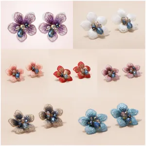 Mori Stijl Geborduurd Gaas Bloem Oorknopjes Voor Vrouwen Elegante Mesh Florale Strass Oorbellen Bruiloft Feest Sieraden