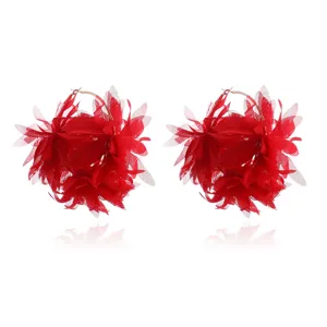 Rode chiffon bloem creolen vintage handgemaakte grote oorbellen voor dames stijl