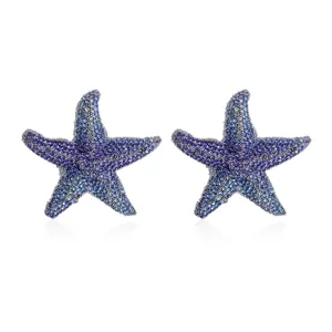 Gradient blue starfish crystal stud earrings for women fashion chic jewelry detail.