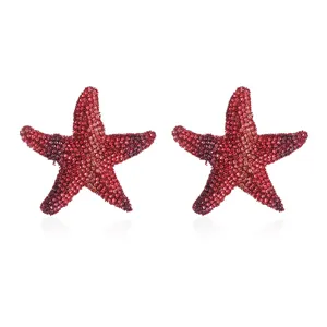 Red rhinestone starfish earrings, sparkling crystal alloy studs for women fashion jewelry.